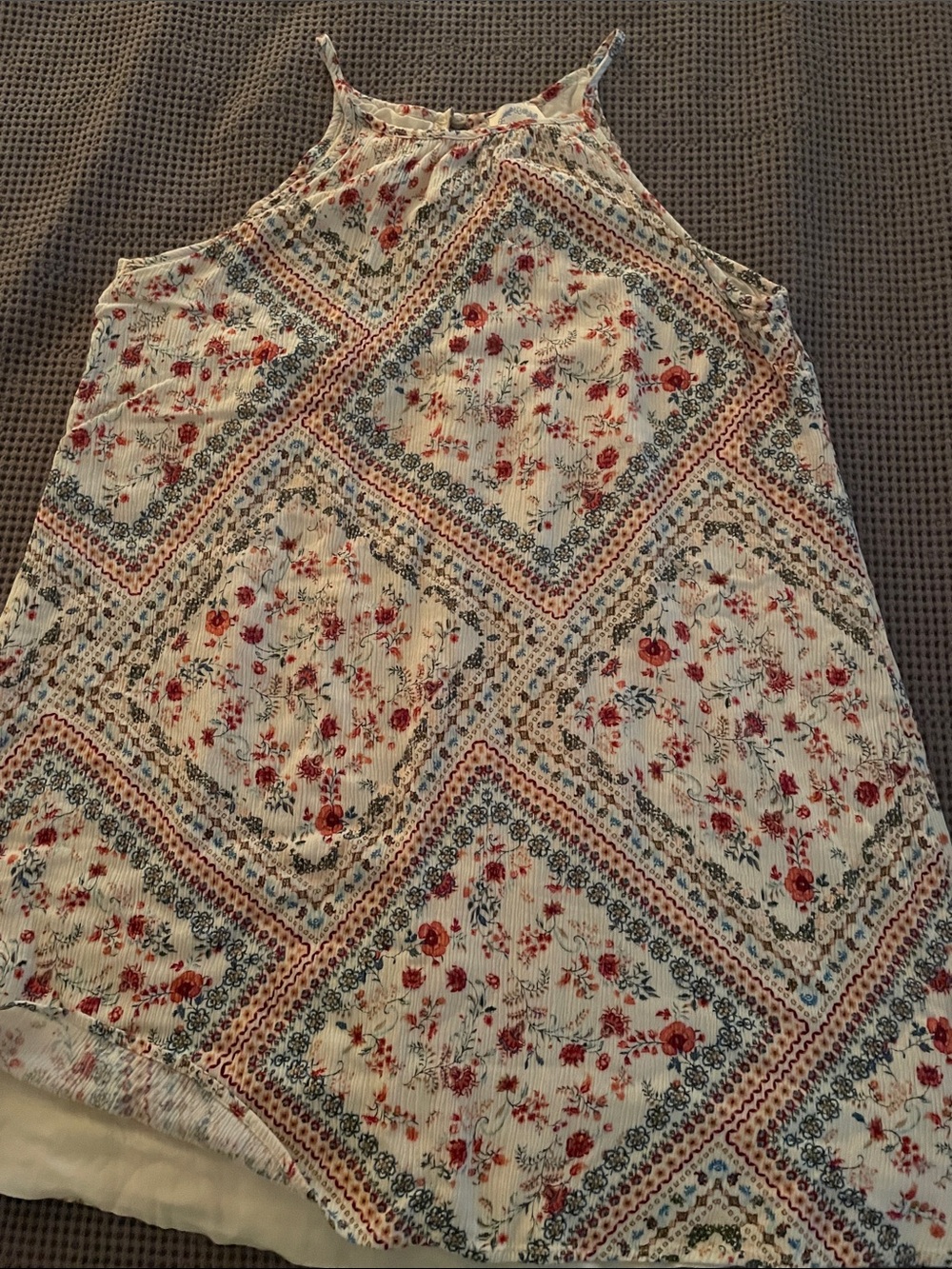 Blue Rain Cream Halter High-Low Skirt with Red Floral Print